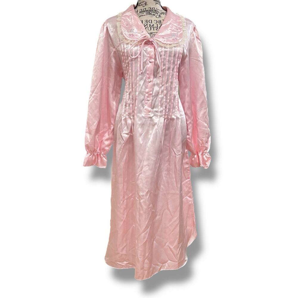 Jaclyn Smith Pink Satin Long Button-Front Nightgown Robe